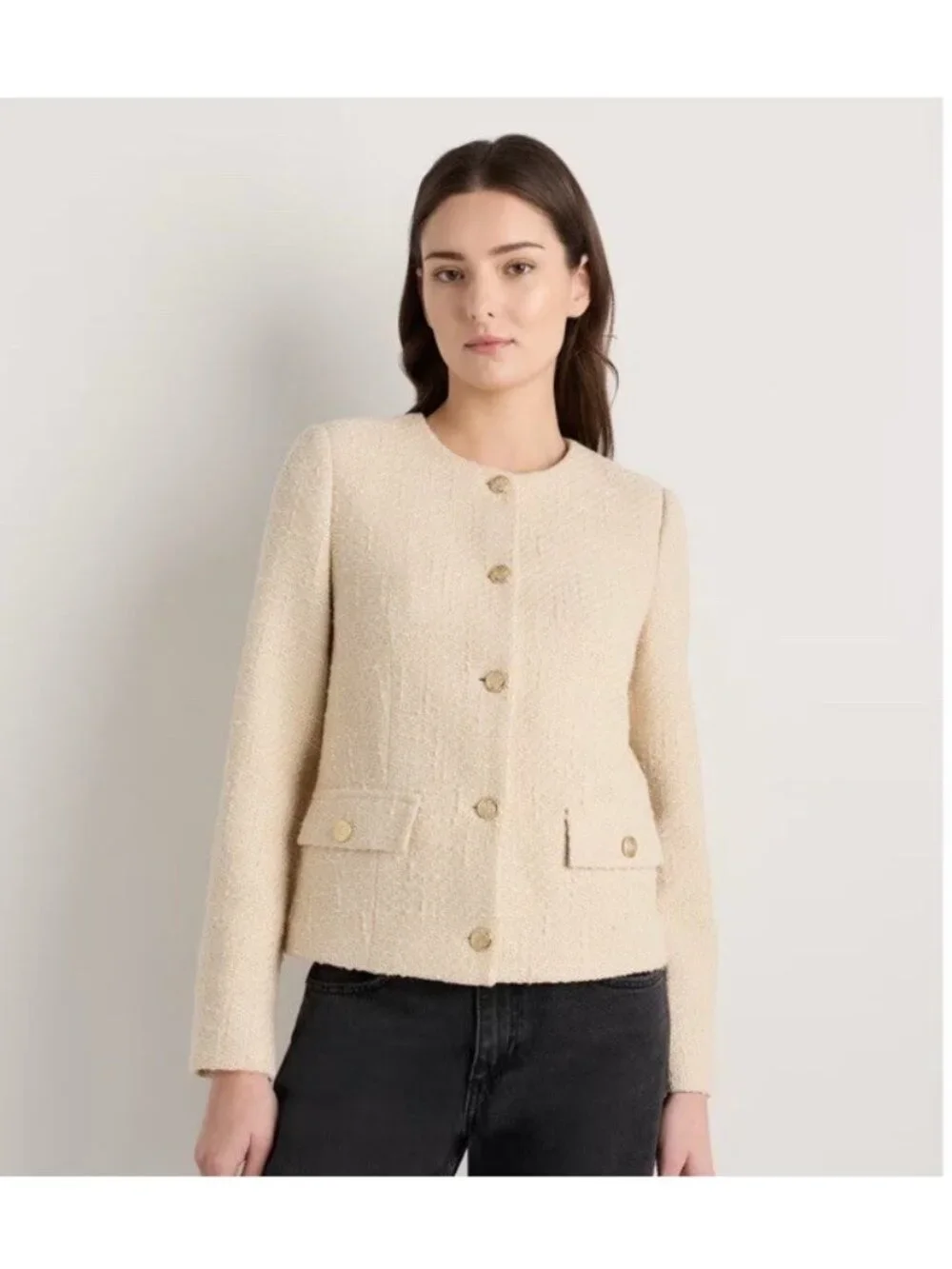 Quince Womens Size Large Stretch Tweed Collarless Jacket Ivory Coast Long Sleeve - Picture 12 of 16
